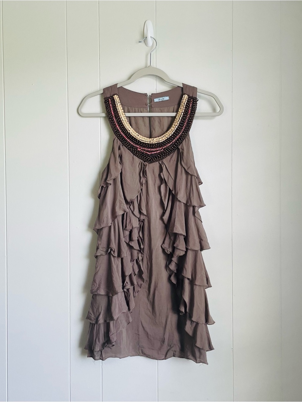Do & Be Medium Taupe Brown Ruffle Beaded Neckline Sleeveless Mini Dress